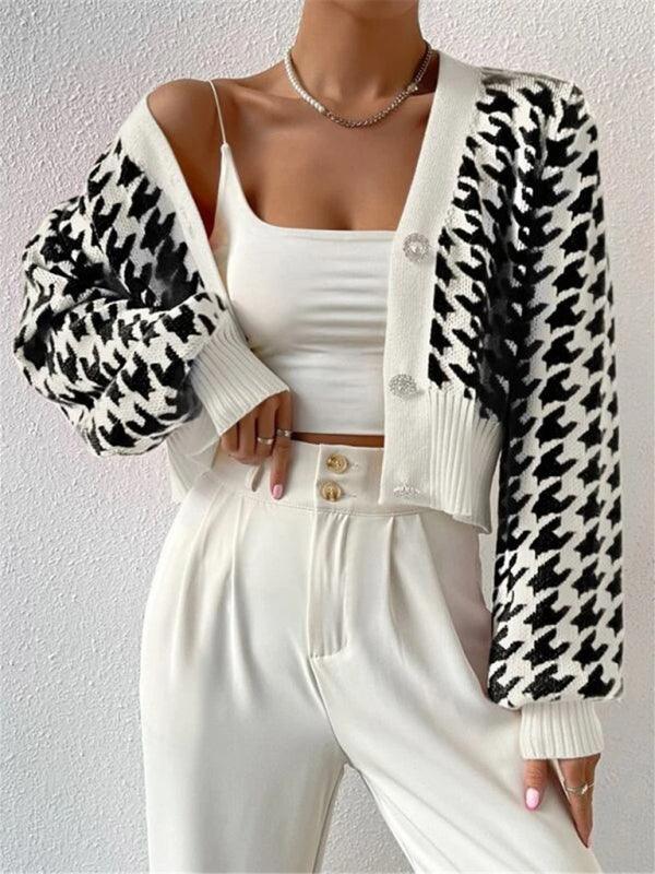 Houndstooth pattern lantern sleeve knitted cardigan sweater short coat - 808Lush