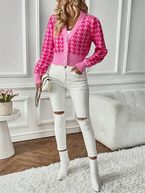 Houndstooth pattern lantern sleeve knitted cardigan sweater short coat - 808Lush