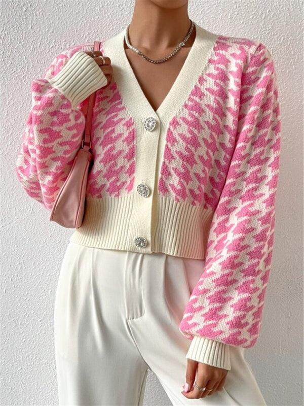 Houndstooth pattern lantern sleeve knitted cardigan sweater short coat - 808Lush