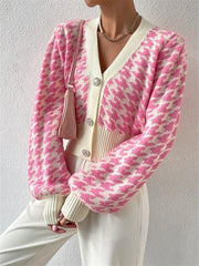 Houndstooth pattern lantern sleeve knitted cardigan sweater short coat - 808Lush