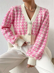 Houndstooth pattern lantern sleeve knitted cardigan sweater short coat - 808Lush