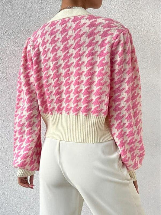 Houndstooth pattern lantern sleeve knitted cardigan sweater short coat - 808Lush