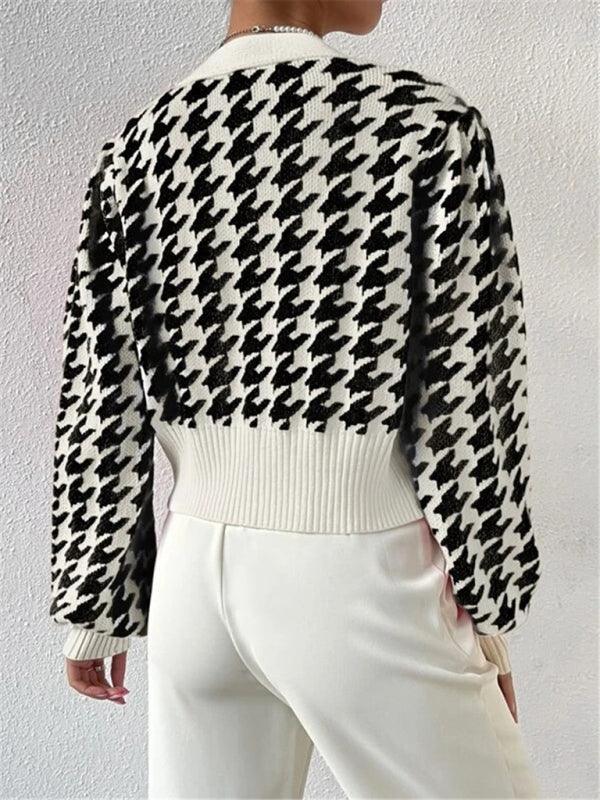 Houndstooth pattern lantern sleeve knitted cardigan sweater short coat - 808Lush