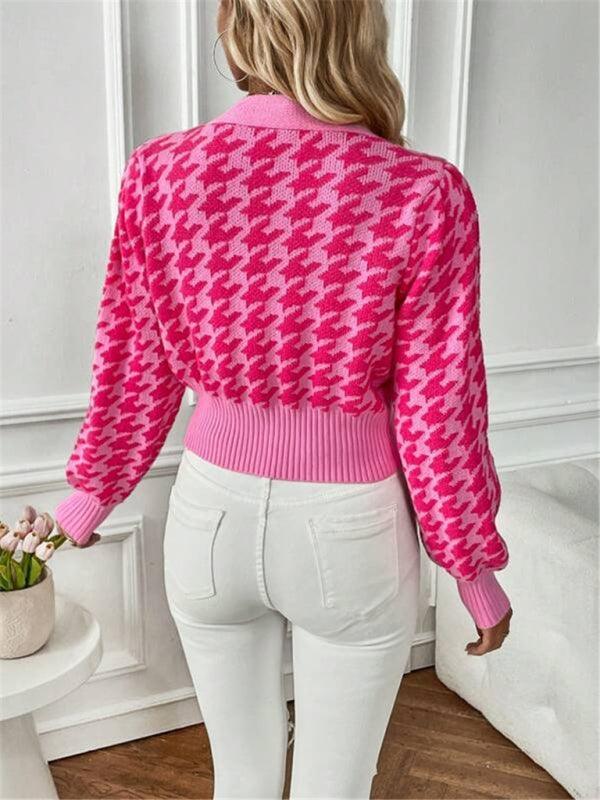 Houndstooth pattern lantern sleeve knitted cardigan sweater short coat - 808Lush