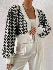 Houndstooth pattern lantern sleeve knitted cardigan sweater short coat - 808Lush