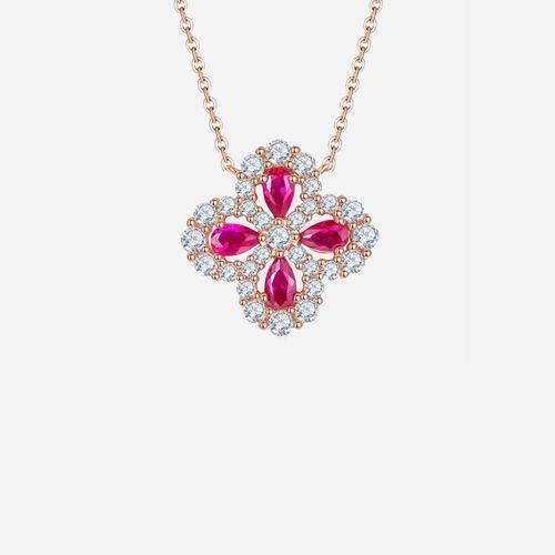 Lab-Grown Ruby 925 Sterling Silver Flower Shape Necklace - 808Lush