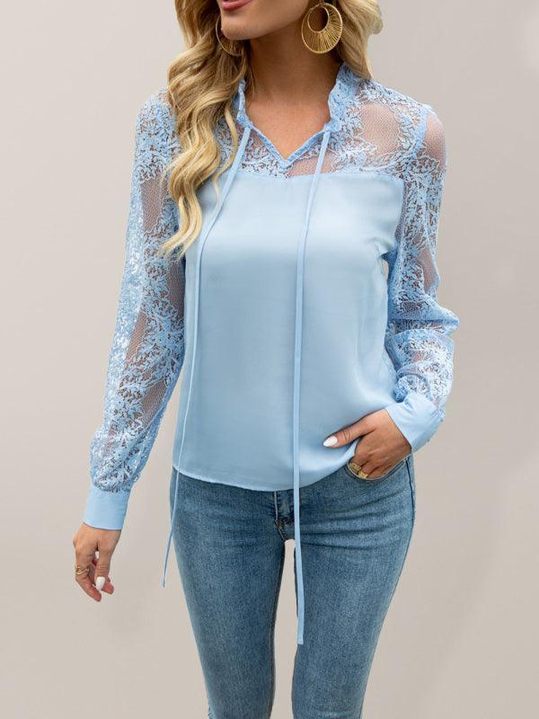 Lace long-sleeve top V-neck sexy women's clothing - 808Lush