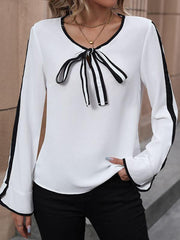 Lace-up bow shirt, long-sleeved contrast shirt - 808Lush