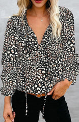 Ladies Casual Fashion Printed Shirts V Neck Long Sleeves - 808Lush