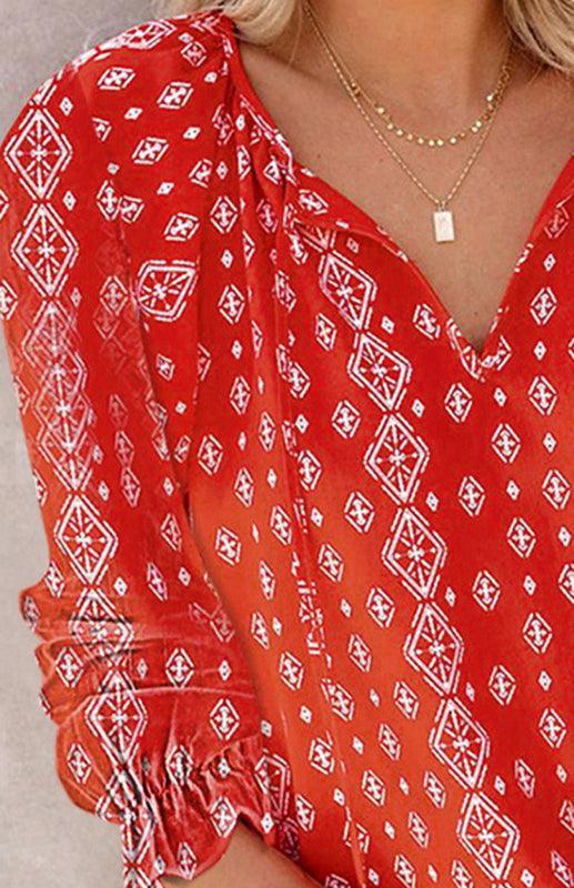 Ladies Casual Fashion Printed Shirts V Neck Long Sleeves - 808Lush