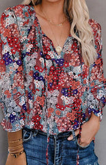 Ladies Casual Fashion Printed Shirts V Neck Long Sleeves - 808Lush