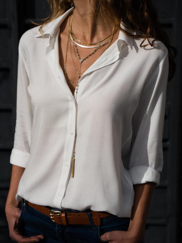 Ladies Long Sleeve Deep V Button Chiffon Shirt - 808Lush