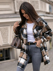 Ladies Long Sleeve Lapel Loose Fit Plaid Wool Coat - 808Lush