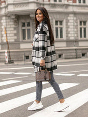 Ladies Long Sleeve Lapel Loose Fit Plaid Wool Coat - 808Lush