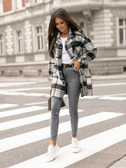 Ladies Long Sleeve Lapel Loose Fit Plaid Wool Coat - 808Lush