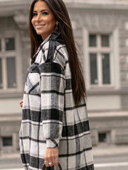 Ladies Long Sleeve Lapel Loose Fit Plaid Wool Coat - 808Lush