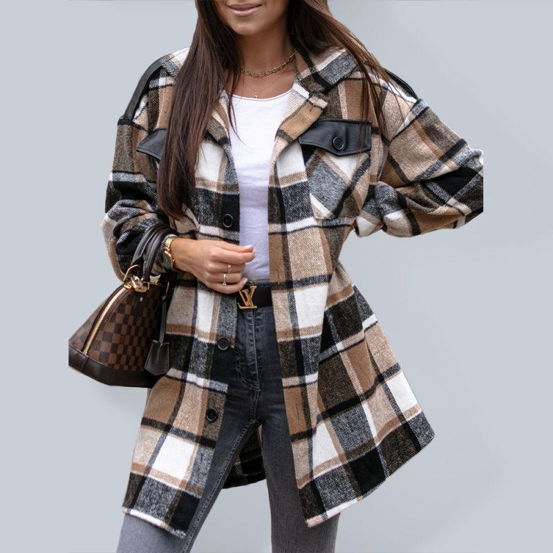 Ladies Long Sleeve Lapel Loose Fit Plaid Wool Coat - 808Lush