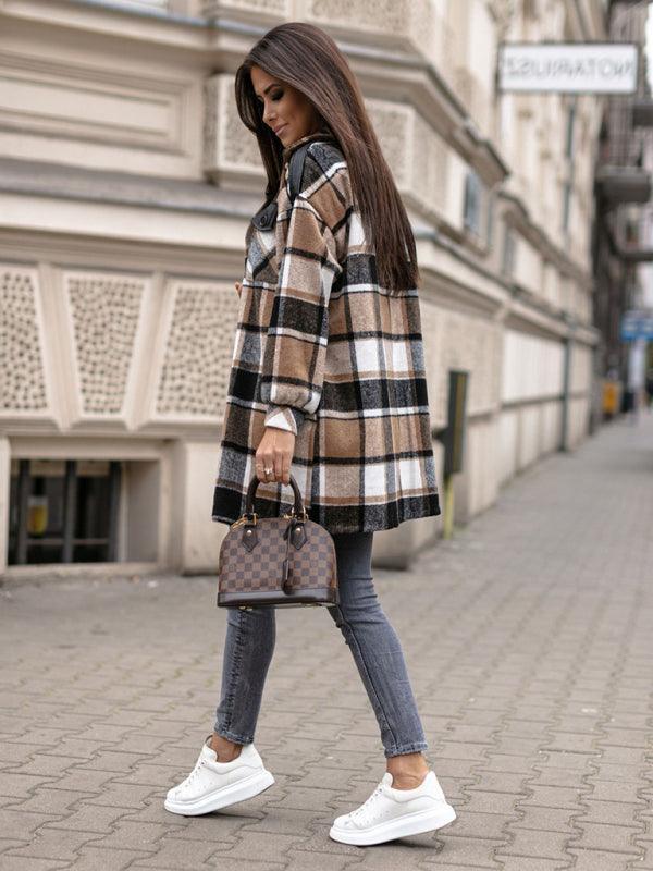 Ladies Long Sleeve Lapel Loose Fit Plaid Wool Coat - 808Lush