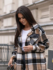 Ladies Long Sleeve Lapel Loose Fit Plaid Wool Coat - 808Lush