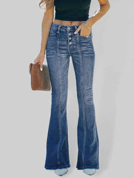 Ladies Stretch Slim Paneled Flared Denim Jeans - 808Lush