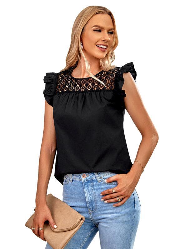 Ladies Woven Round Neck Lace Ruffle Sleeve Top - 808Lush