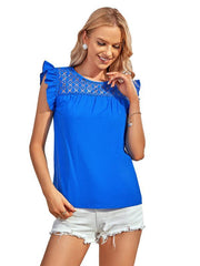 Ladies Woven Round Neck Lace Ruffle Sleeve Top - 808Lush