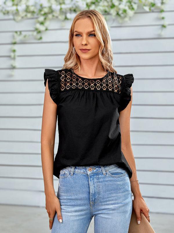 Ladies Woven Round Neck Lace Ruffle Sleeve Top - 808Lush