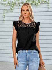 Ladies Woven Round Neck Lace Ruffle Sleeve Top - 808Lush