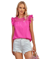 Ladies Woven Round Neck Lace Ruffle Sleeve Top - 808Lush