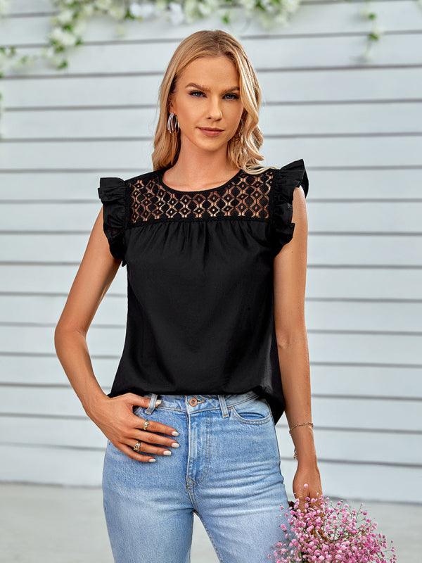 Ladies Woven Round Neck Lace Ruffle Sleeve Top - 808Lush