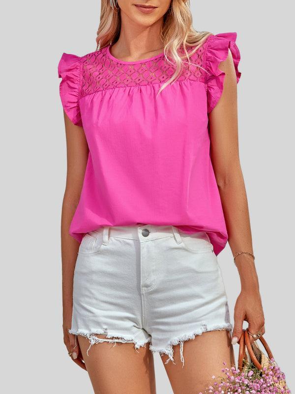 Ladies Woven Round Neck Lace Ruffle Sleeve Top - 808Lush