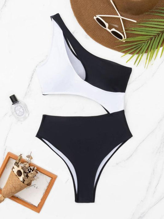 Ladies black and white stitching contrasting color hollow swimsuit - 808Lush