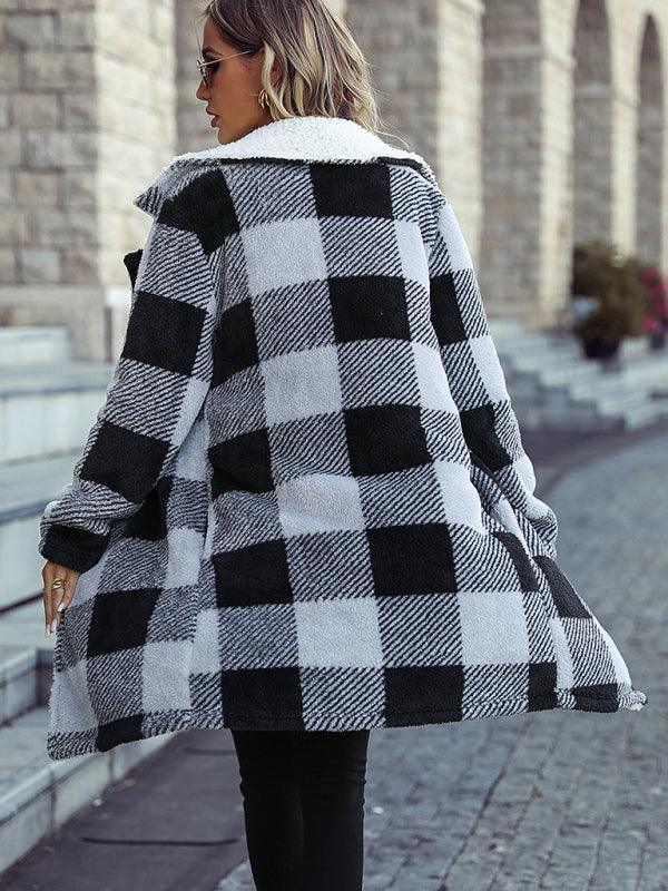 Lapel casual reversible plaid long style coat - 808Lush