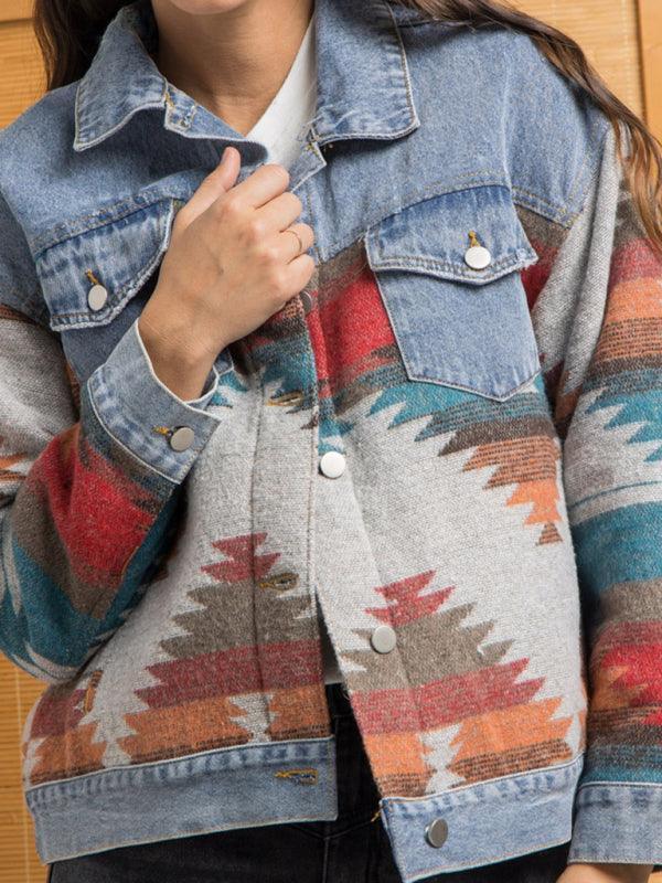 Lapel loose denim stitching woolen coat women's retro jacket - 808Lush