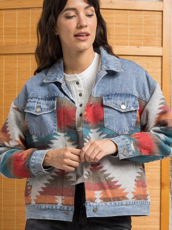 Lapel loose denim stitching woolen coat women's retro jacket - 808Lush