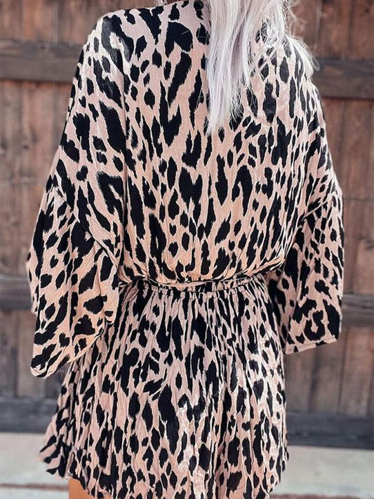 Leopard-print pleated belt deep V-neck woven long-sleeved jumpsuit - 808Lush