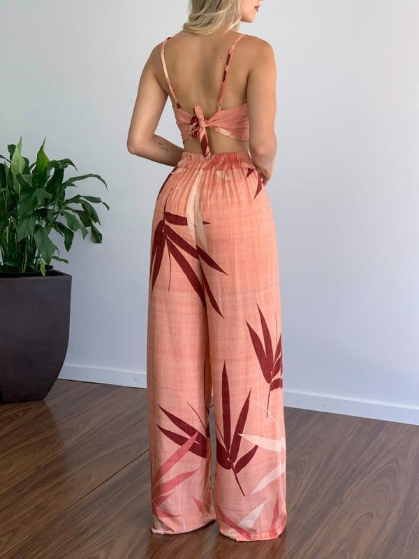 Linen-like casual suit V-neck high-waist printed wide-leg pants two-piece set - 808Lush