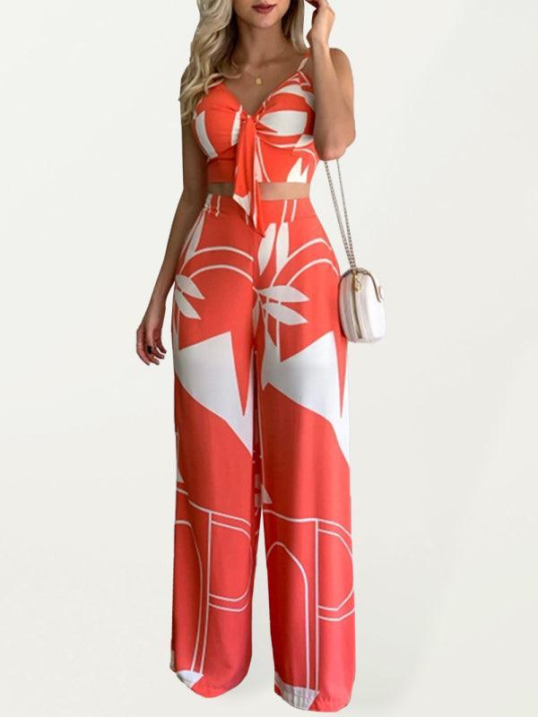 Linen-like casual suit V-neck high-waist printed wide-leg pants two-piece set - 808Lush