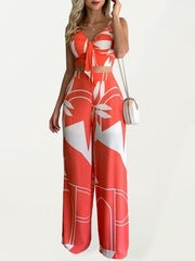 Linen-like casual suit V-neck high-waist printed wide-leg pants two-piece set - 808Lush