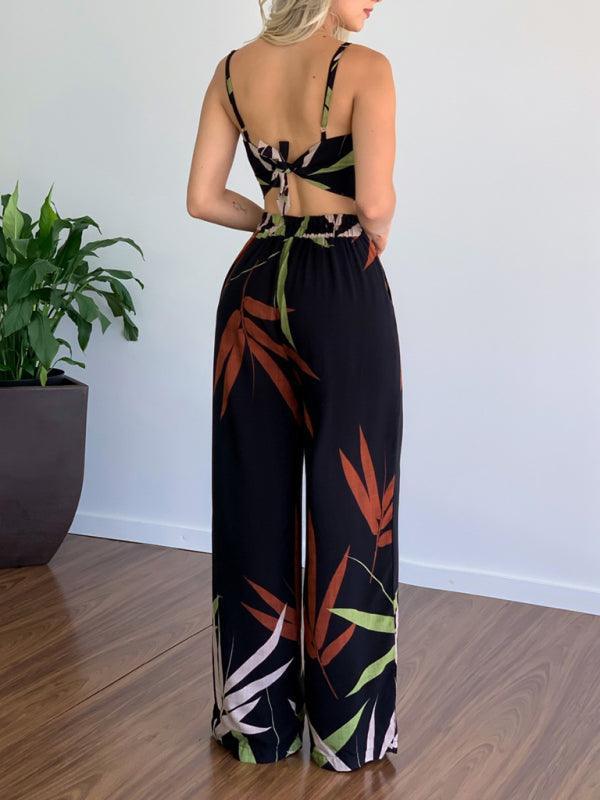 Linen-like casual suit V-neck high-waist printed wide-leg pants two-piece set - 808Lush