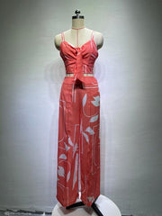 Linen-like casual suit V-neck high-waist printed wide-leg pants two-piece set - 808Lush