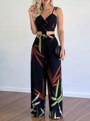 Linen-like casual suit V-neck high-waist printed wide-leg pants two-piece set - 808Lush