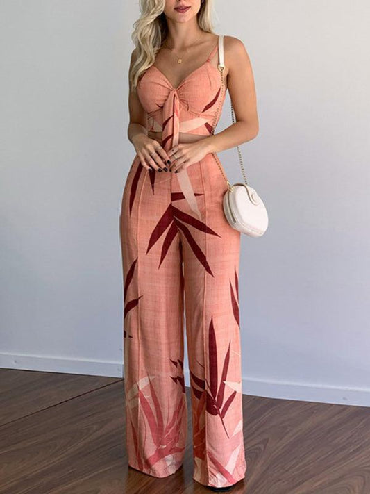 Linen-like casual suit V-neck high-waist printed wide-leg pants two-piece set - 808Lush
