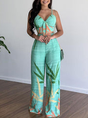 Linen-like casual suit V-neck high-waist printed wide-leg pants two-piece set - 808Lush