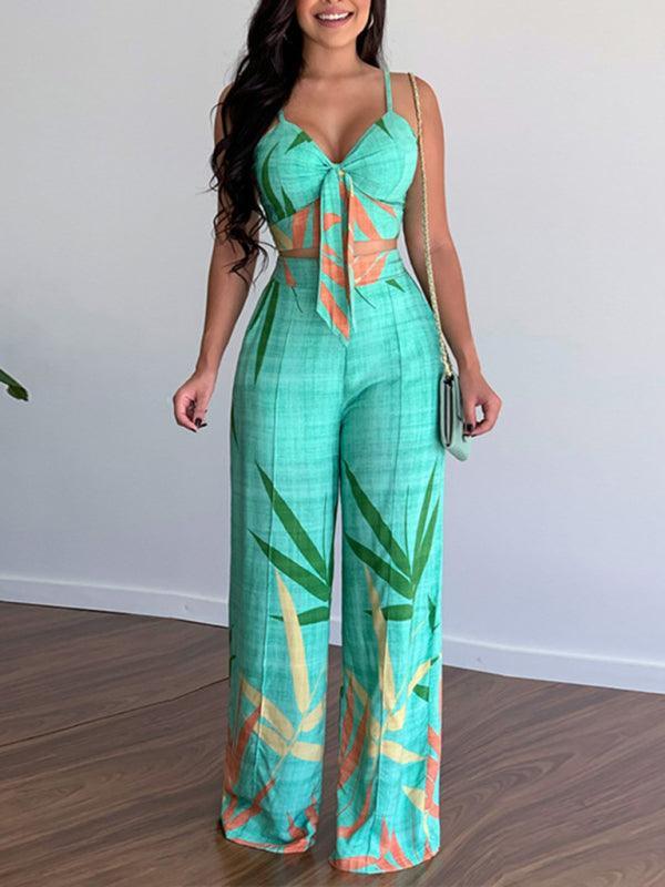 Linen-like casual suit V-neck high-waist printed wide-leg pants two-piece set - 808Lush