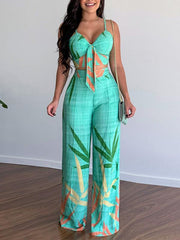 Linen-like casual suit V-neck high-waist printed wide-leg pants two-piece set - 808Lush