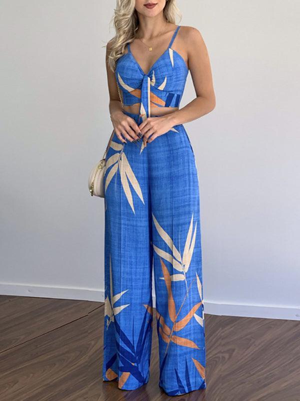 Linen-like casual suit V-neck high-waist printed wide-leg pants two-piece set - 808Lush