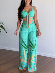 Linen-like casual suit V-neck high-waist printed wide-leg pants two-piece set - 808Lush