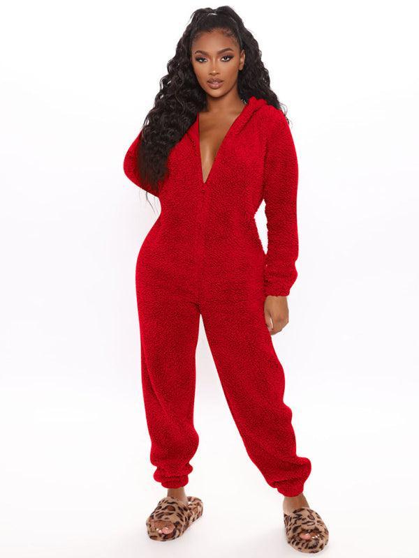 Long Sleeve Hooded Casual Jumpsuit Pants Plush Loungewear - 808Lush