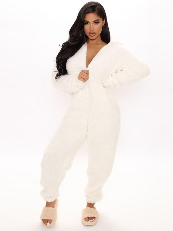 Long Sleeve Hooded Casual Jumpsuit Pants Plush Loungewear - 808Lush